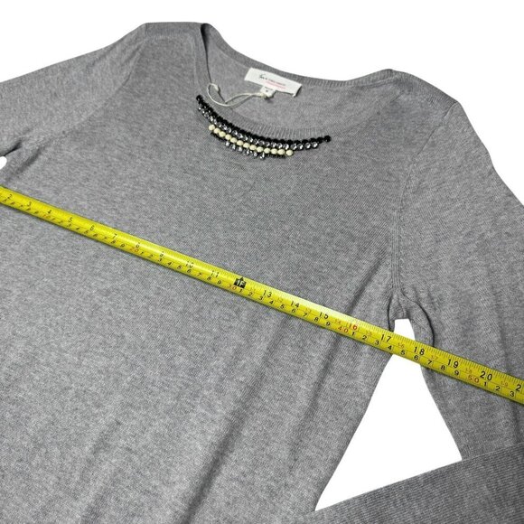 NWT Vince Camuto Jeweled Neck Sweater Sz.M Gray Chiffon Hem Oversized Preppy - Picture 4 of 9